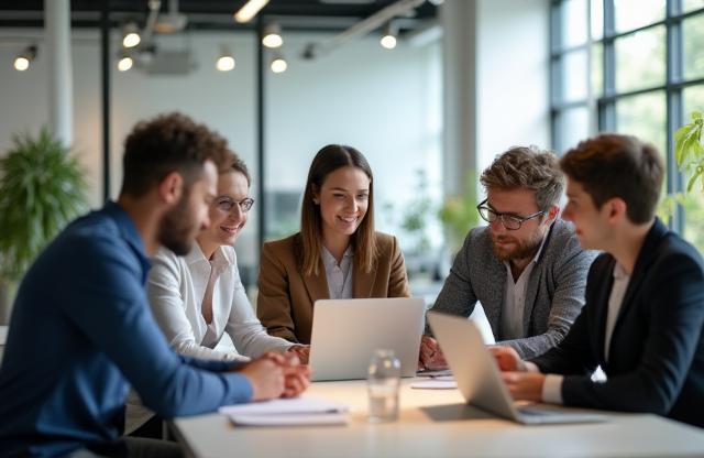 Diverse team members collaborating in a modern office setting.